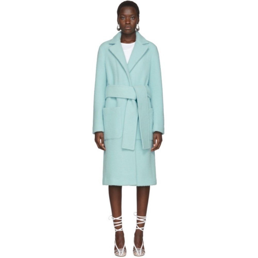 Helmut Lang | Teddy Faux Fur Wool Blend Wrap Knee Length Coat in Foam